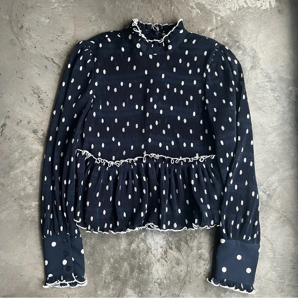 GANNI Navy Polka Dot Ruffle Blouse SIze 36 - Picture 3 of 8